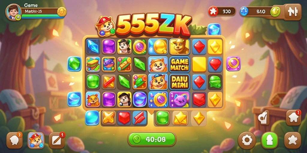 Tampilan gameplay Match-3 yang menarik dan penuh warna dalam 555ZK.
