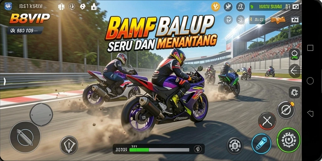 Tampilan gameplay seru di B8VIP saat balapan motor.