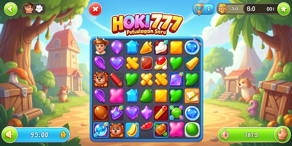 Tangkapan layar HOKI777 menunjukkan gameplay Match-3 yang seru.