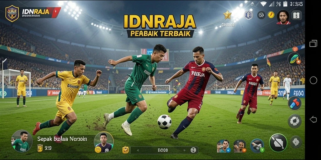 Screenshot IDNRAJA menampilkan aksi seru dalam permainan sepak bola.