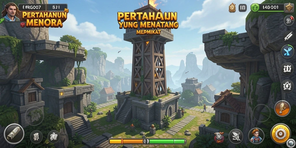 Tampilan pertarungan seru di PRG007 dengan menara kreatif dan musuh yang beragam.