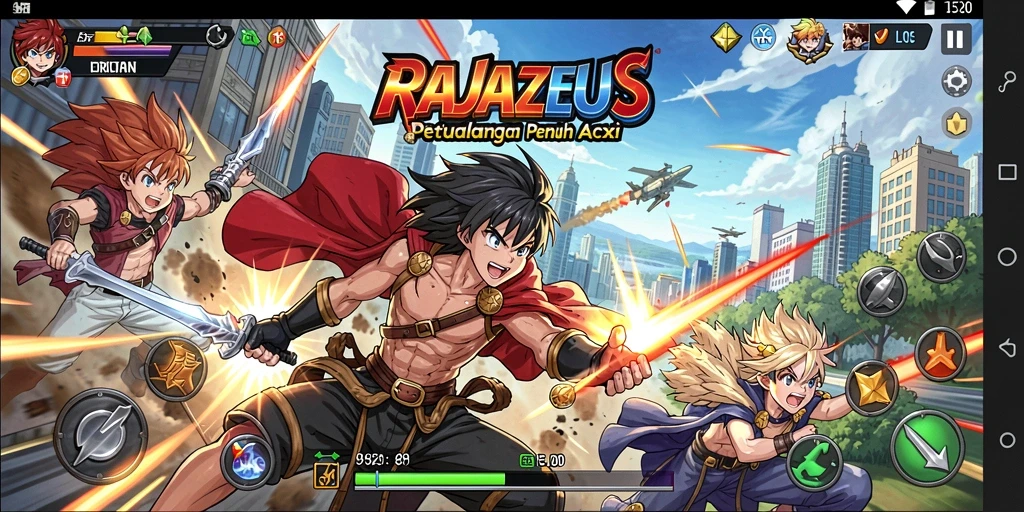 Screenshot gameplay RAJAZEUS menampilkan aksi karakter Anime yang mendebarkan.