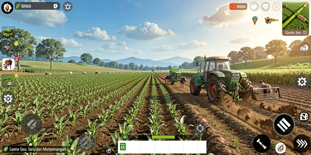 Screenshot gameplay SR996 menunjukkan suasana berkebun yang penuh warna dan detail.